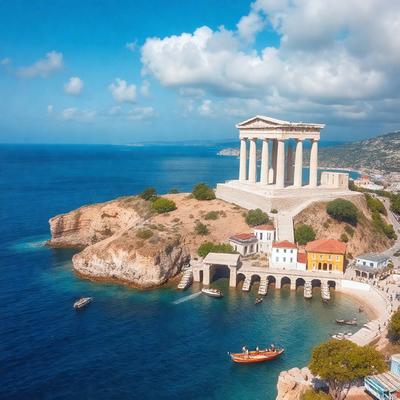 The primary subject of the image is a large white building, possibly a temple, situated on a hill overlooking a body of water. The setting includes a beach and a harbor with boats, including a small boat in the foreground. The visual style appears to be a photo, capturing the natural beauty of the landscape and the architectural marvel. The colors and mood of the image are predominantly blue and serene, reflecting the calmness of the water and the tranquility of the location.
